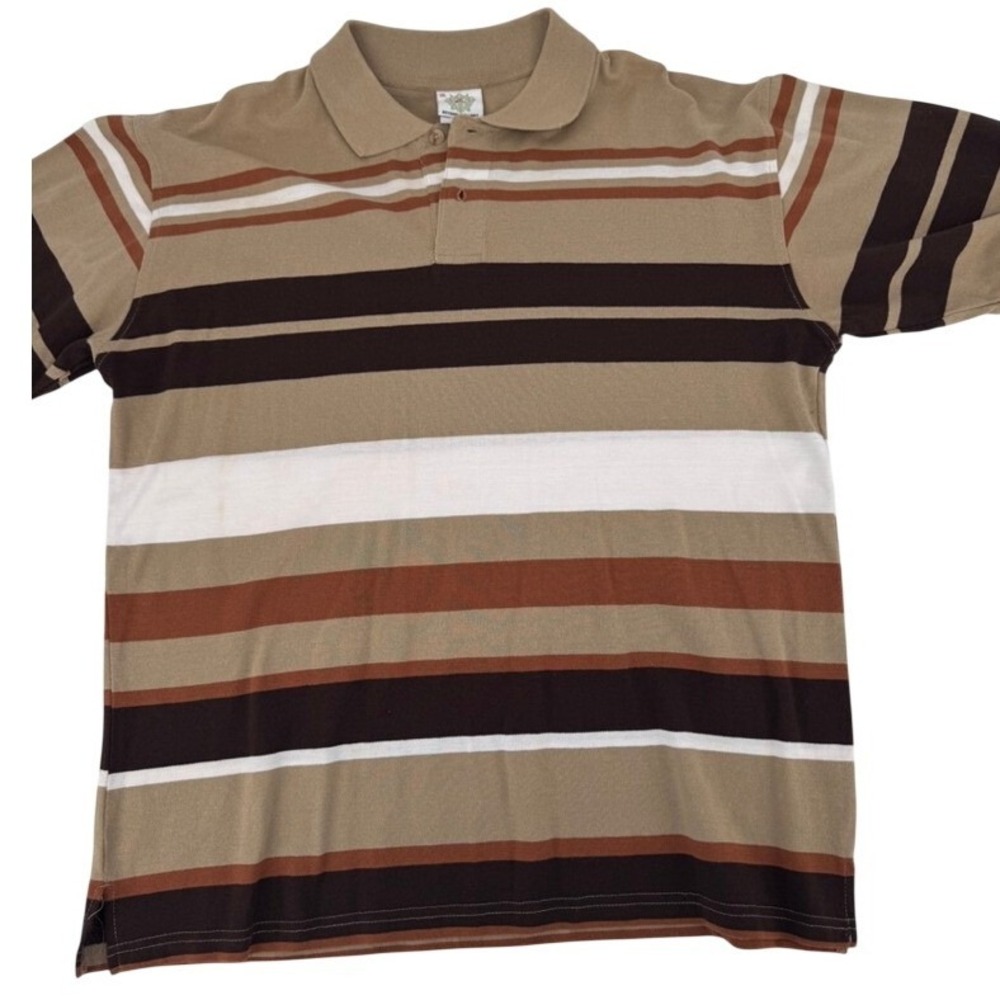 Beyond The Limit Polo Shirt Mens‎ 2XL Y2K Striped Short Sleeve Tan Brown Spot on